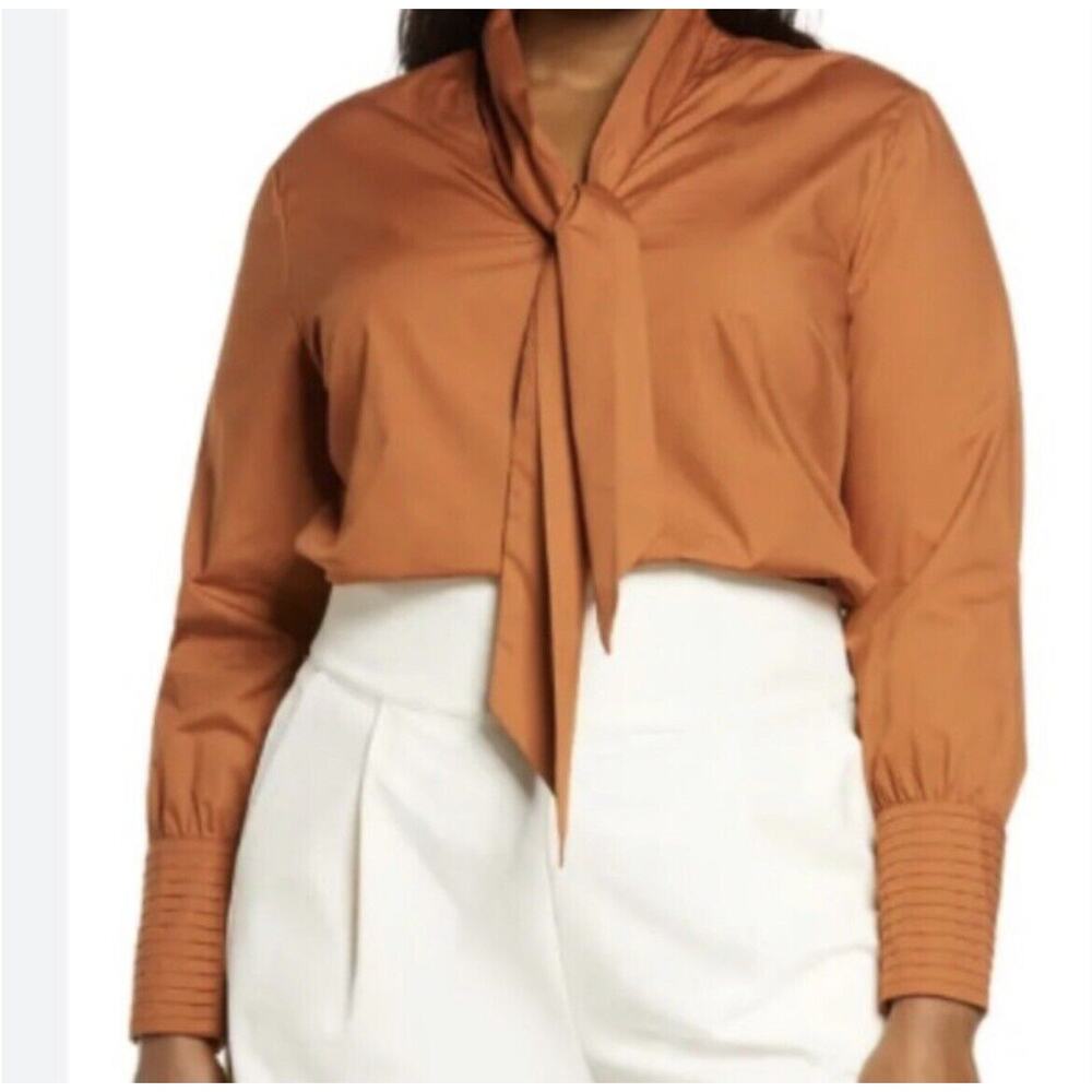 11 Honore Brown Tie Neck V Neck Blouse Tunic size 14